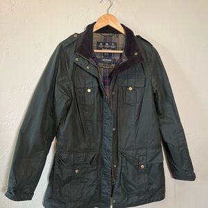 Barbour Waxed Cotton Jacket Forest Green Plaid Lined Women’s